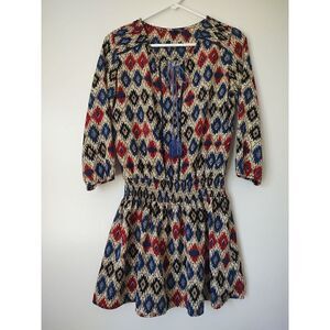 On Twelfth Women's Size Medium Neutral Red Blue Aztec Print Mini Dress Tie Neck